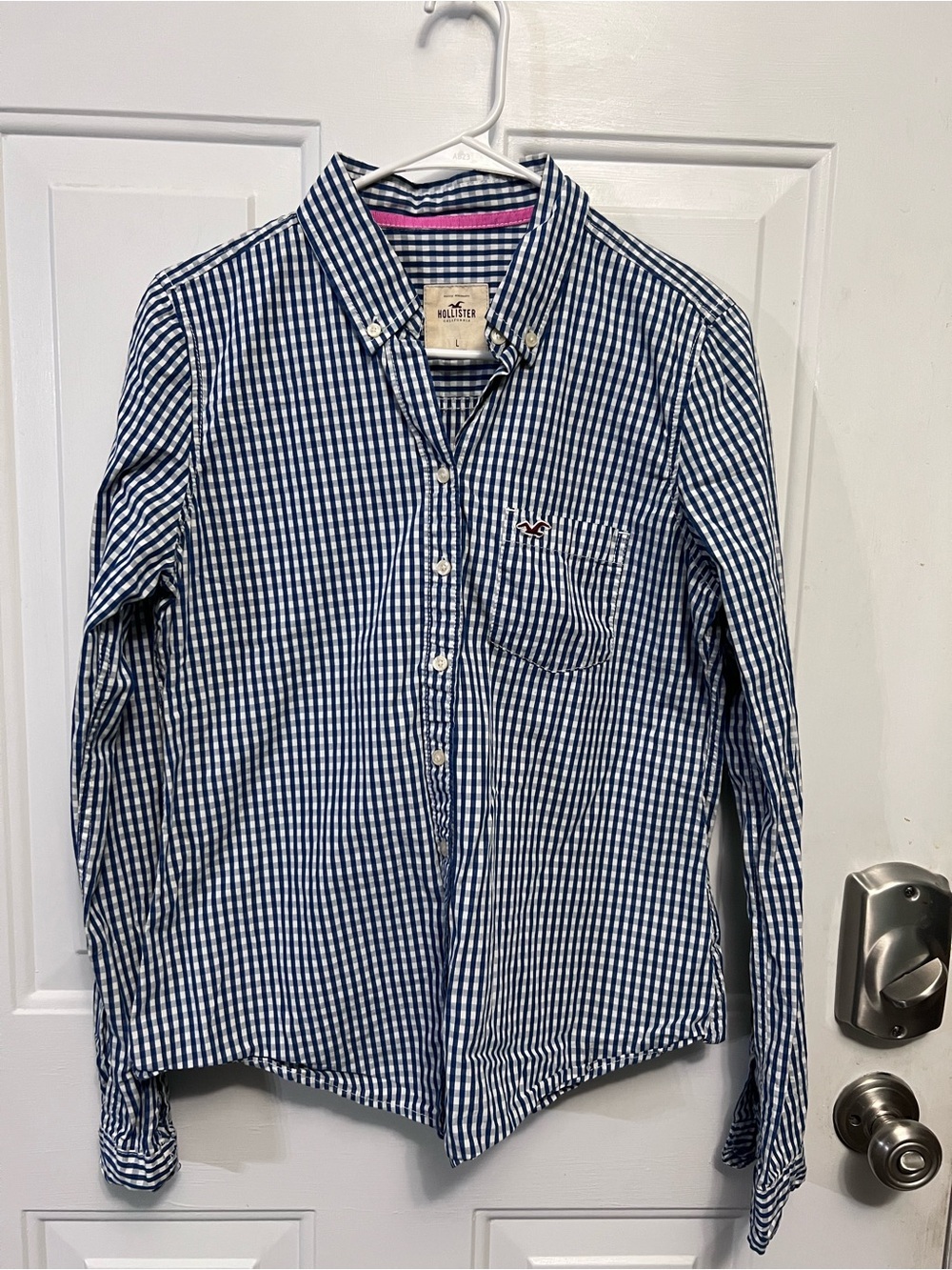 Hollister Mens Large Blue White Gingham Button Down Shirt 100% Cotton Seagull